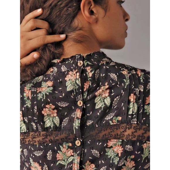 Anthropologie Babydoll Dress Medium Balloon Sleeve Floral Swiss Dot Boho Cottage - Picture 11 of 16